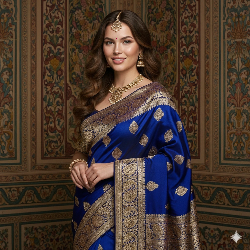Regal saree portrait Traditional Photorealistic AI generation example for Traditional Portrait - PROMPT: Create a regal traditional portrait of the young woman in a royal blue saree with gold accen...