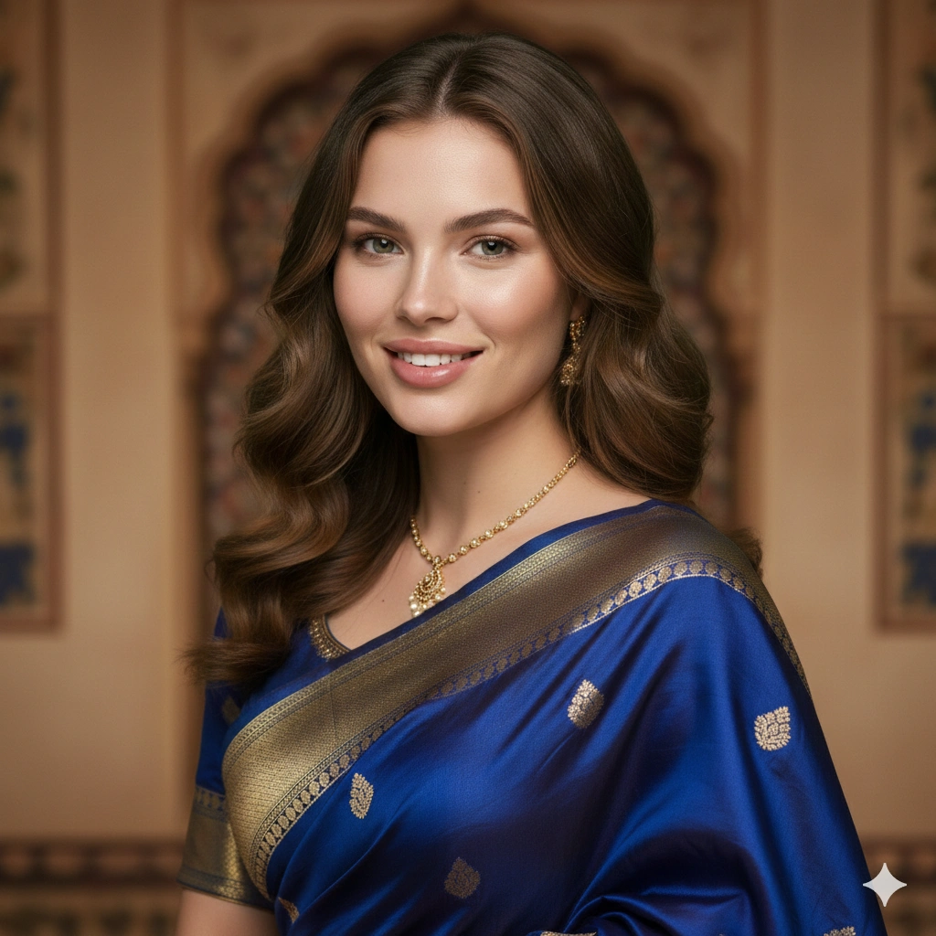 Silk sari studio Traditional Portrait Cinematic AI generation example for Traditional Portrait - PROMPT: Create a photorealistic traditional portrait of an elegant young woman wearing a luxurious s...