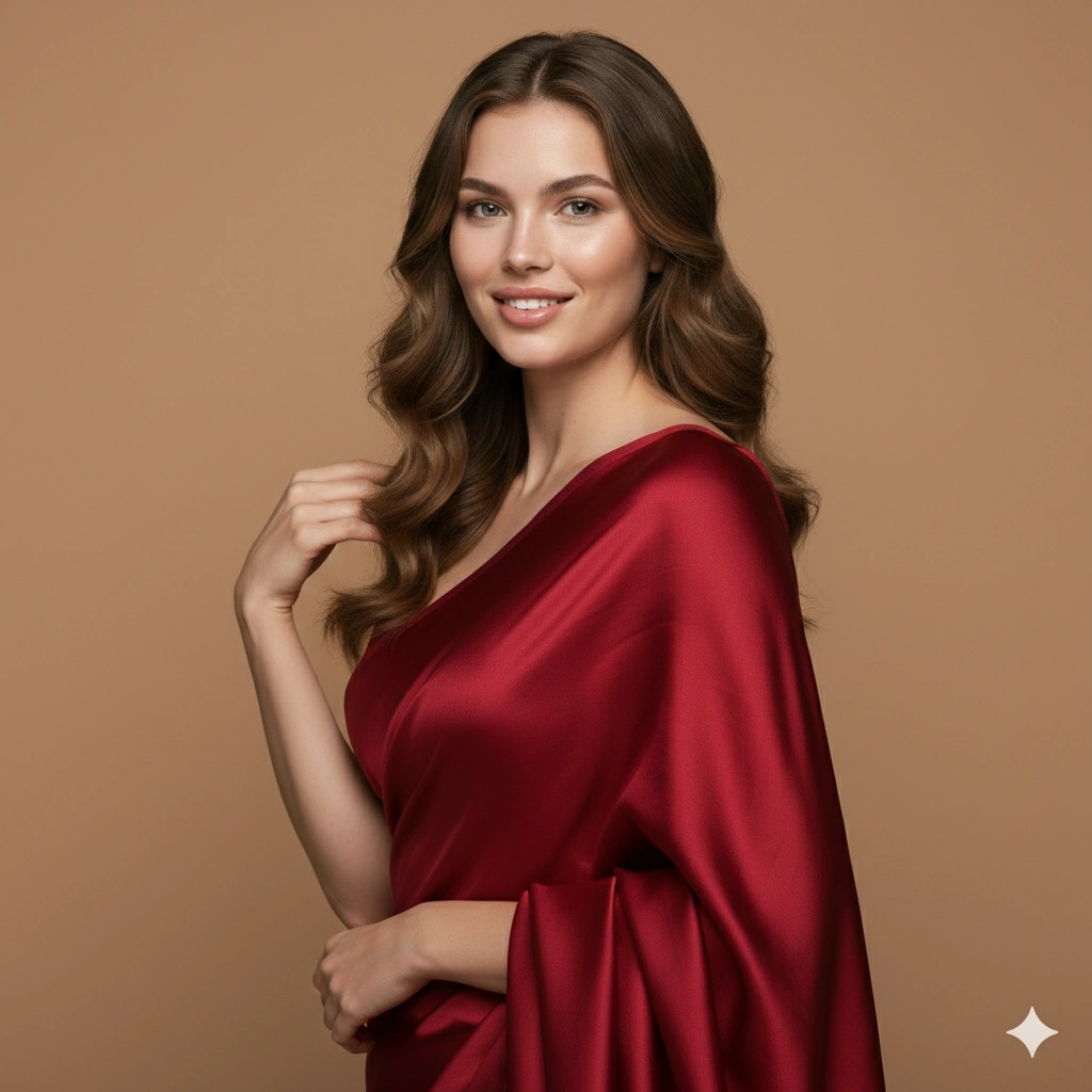 High Fashion Editorial Traditional Portrait Cinematic AI generation example for Traditional Portrait - PROMPT: Generate an ultra-realistic traditional portrait of a young woman wearing a luxurious red sa...