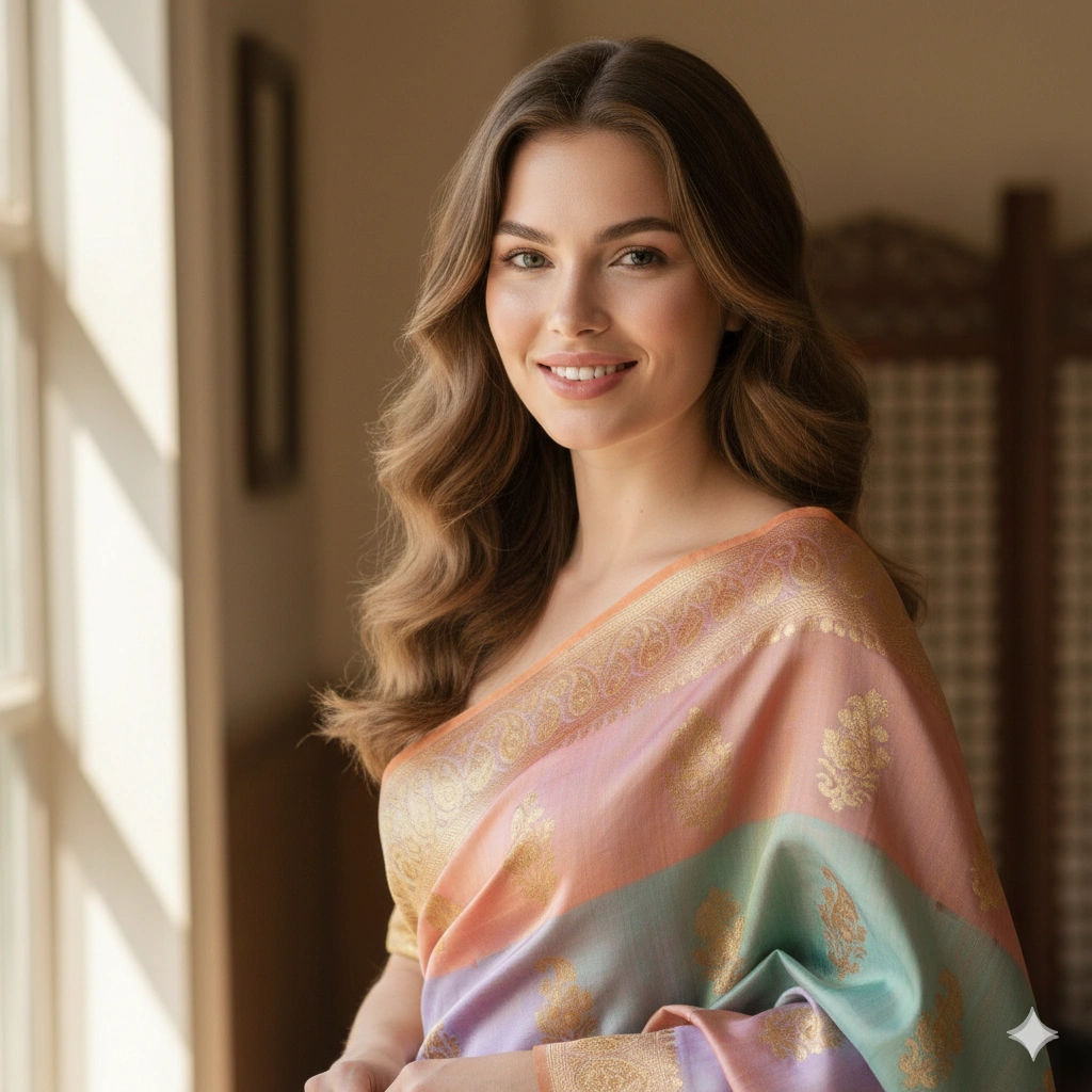 Traditional saree portrait Photorealistic AI generation example for Traditional Portrait - PROMPT: Generate a photorealistic portrait of the young woman from the reference image wearing a col...