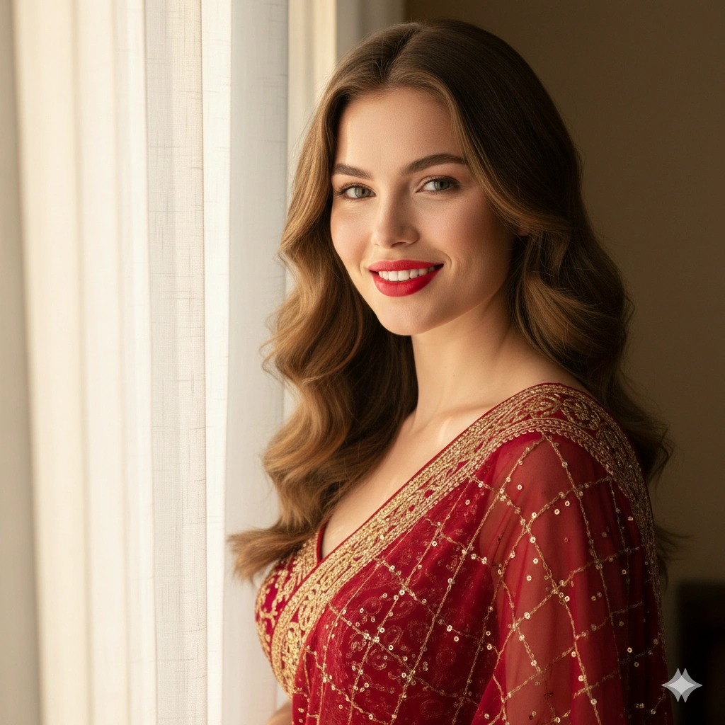 Red saree portrait Traditional 8K AI generation example for Traditional Portrait - PROMPT: Create a hyper-realistic portrait of the young woman from the reference image in a deep red ...