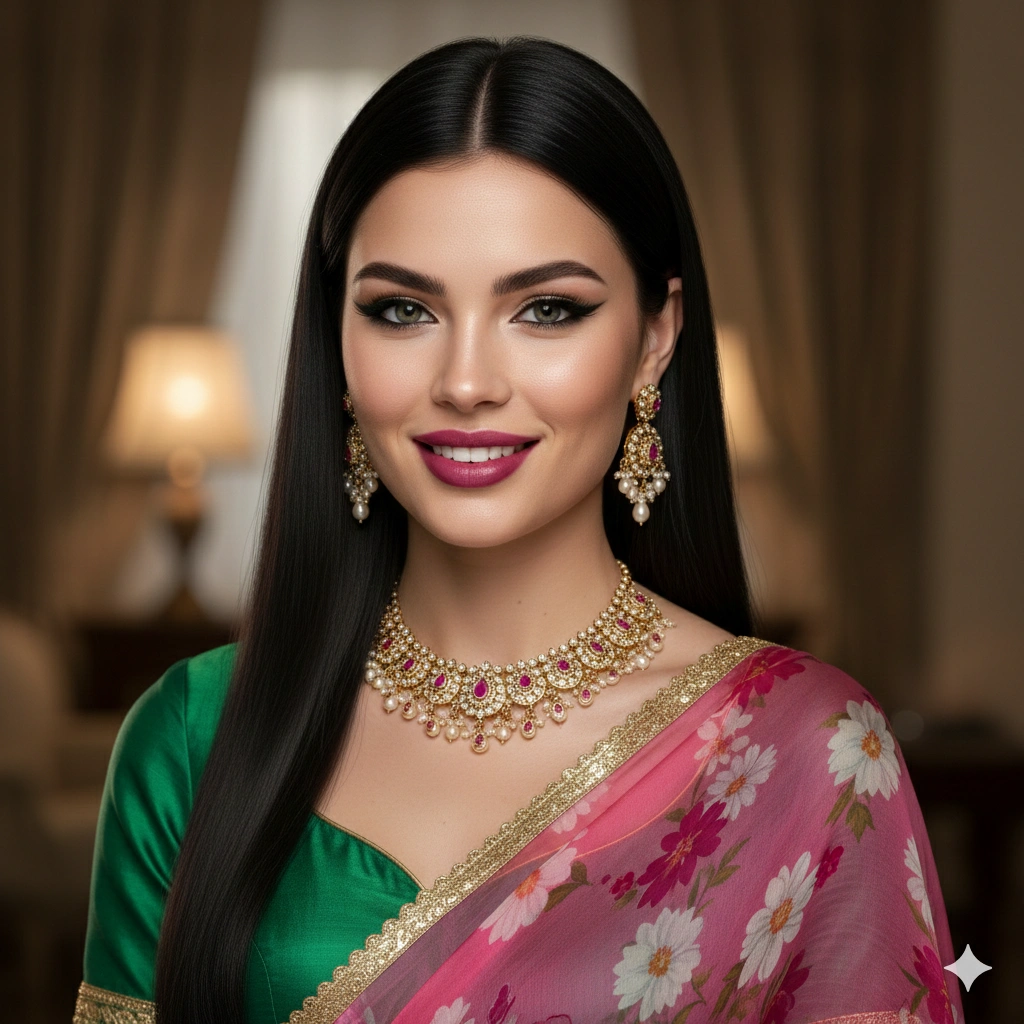 Floral saree portrait Traditional AI generation example for Traditional Portrait - PROMPT: Generate an ultra-realistic portrait of the young woman in the reference image wearing a gre...