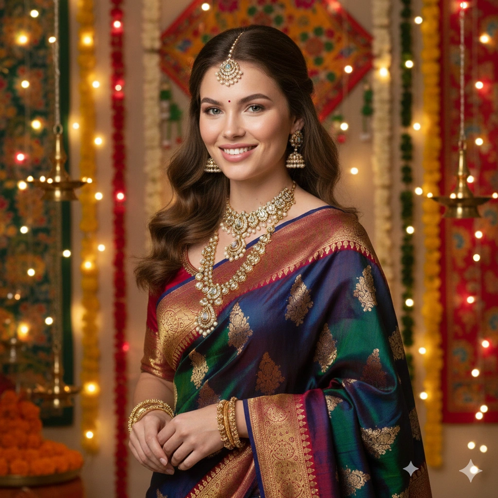 Festive saree portrait Traditional AI generation example for Traditional Portrait - PROMPT: Generate a festive traditional portrait of the young woman adorned in a colorful saree and t...