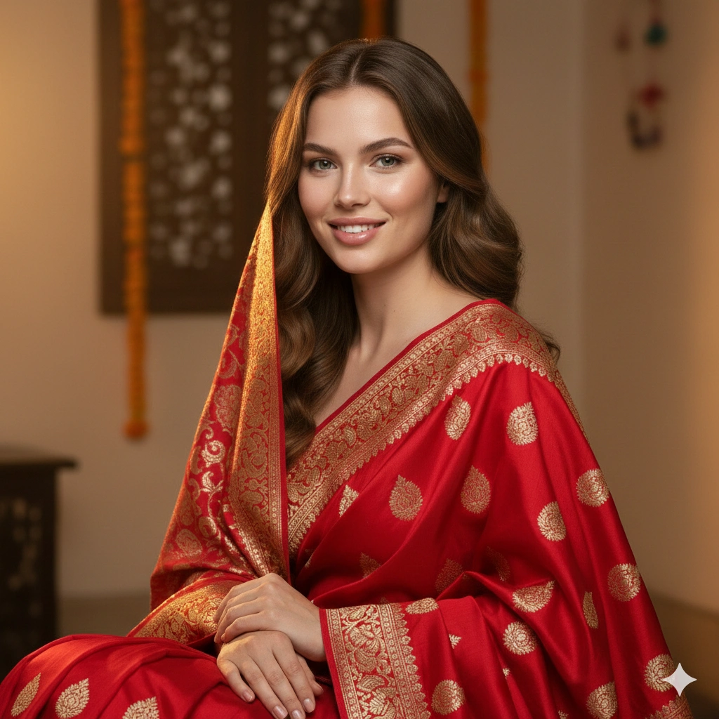 Colorful saree portrait Traditional AI generation example for Traditional Portrait - PROMPT: Generate a vibrant traditional portrait of the young woman dressed in a bright red and gold ...