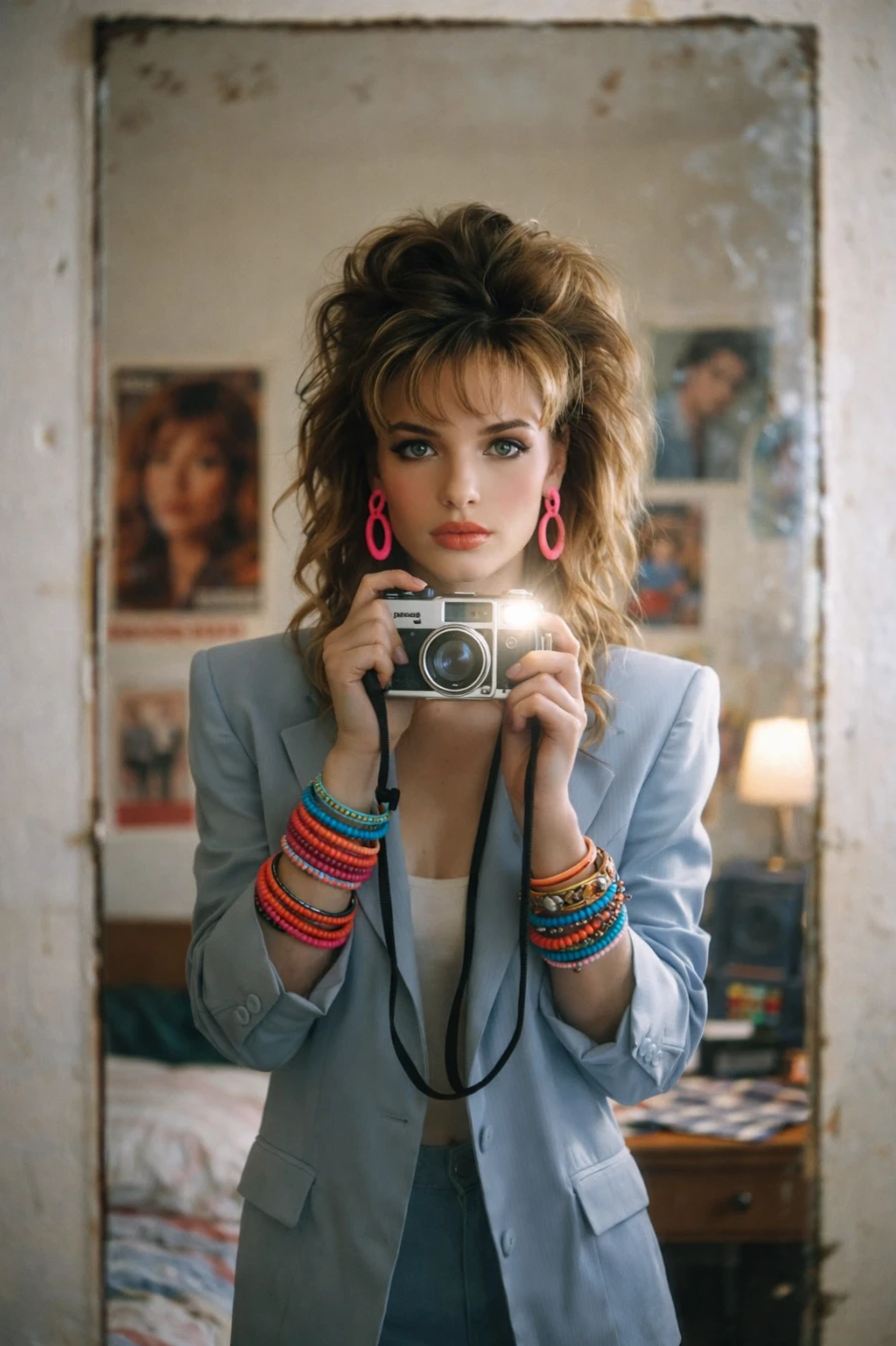 80s Retro Camera Vintage Editorial Portrait Cinematic AI generation example for Vintage Portrait - An ultra-realistic portrait of a stylish young woman standing in front of a mirror in a cozy vintage...
