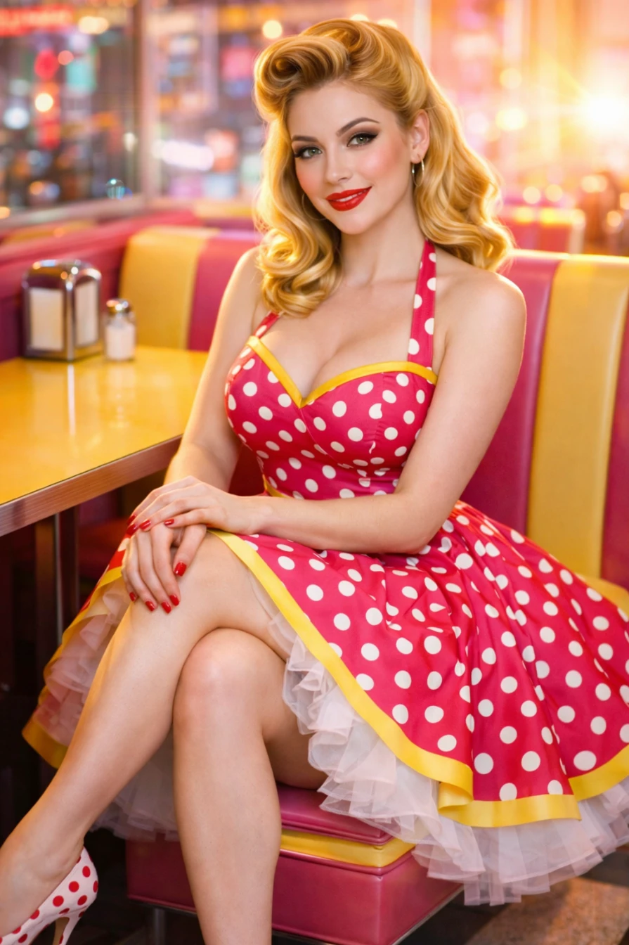 Retro PinUp Diner Vintage Editorial Portrait Cinematic AI generation example for Vintage Portrait - Identity Preservation: Use uploaded photo as the sole facial reference for the female; preserve faci...