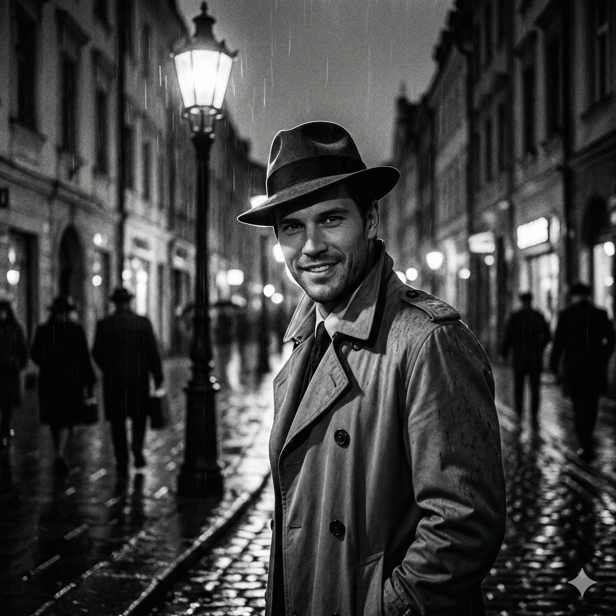 Black White Street Vintage Portrait AI generation example for Vintage Portrait - A moody black-and-white street photograph of a middle-aged man in a trench coat and fedora walking u...