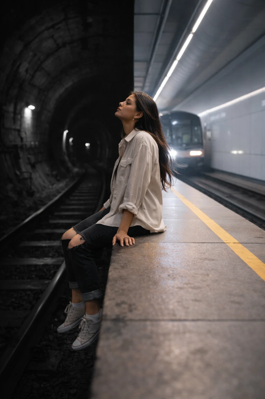 Between Two Worlds Split Reality Cinematic Editorial Photography Prompt AI generation example for Moody Portrait - Identity Preservation: 100% identical to reference; preserve face, makeup, hair, skin tone, and prop...