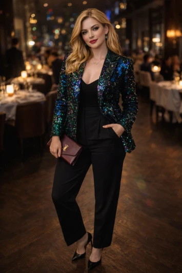 Luxury Restaurant Fashion Portrait Photorealistic DALL-E AI generation example for Fashion Portrait - Identity Preservation: Use uploaded photo as the sole facial reference for the f...