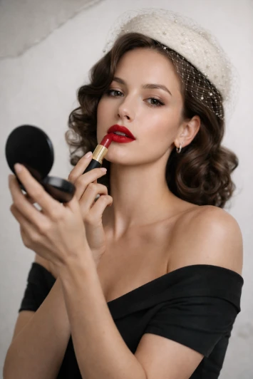 Vintage Glam Portrait Photography Prompt for Midjourney AI generation example for Female Portrait - { "subject": { "description": "Oval-shaped face with smooth skin and sub...