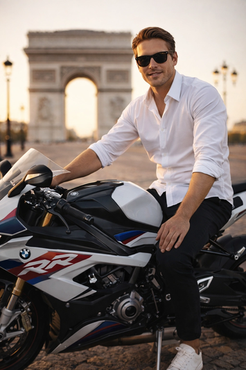 Ride Through Paris Bike Portrait Cinematic AI generation example for Bike Portrait - **SUBJECT DESCRIPTION:** The main subject is a person with short, dark hair wear...