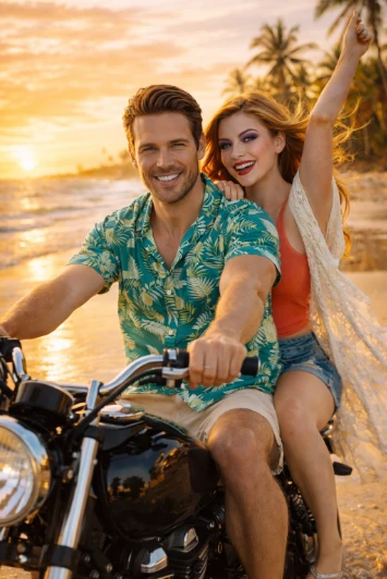 Tropical Ride Glow Bike Portrait Cinematic Photorealistic AI generation example for Bike Portrait - Identity Preservation: Use uploaded photo as the sole facial reference for the f...