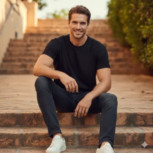 Google Gemini AI Black Shirt Boy Sitting Pose Photo Editing Prompt AI generation example for Black Shirt Boy - STRICT FACE LOCK: Use only the provided facial reference image with absolute pre...