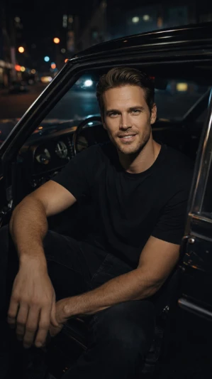 Cinematic Night Car Portrait AI generation example for Car Portrait - { "scene": { "location": "nighttime urban street", "setting": "vint...