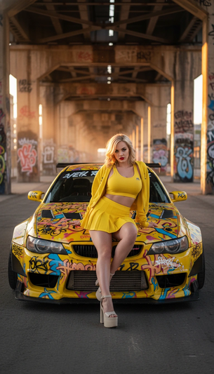 Streetfashion meets Tuningcar Car Portrait Cinematic 8K AI generation example for Car Portrait - Use the provided facial and body reference to create an 8K vertical 9:16 hyper‑r...