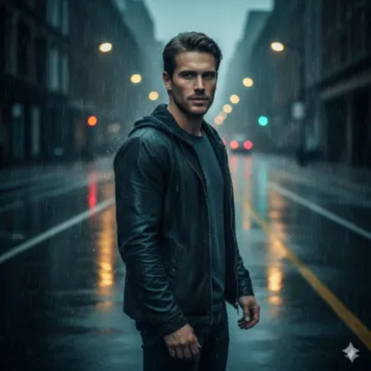 Google Gemini AI Cinematic Boy Rain Mood Photo Editing Prompt AI generation example for Cinematic Boy - STRICT FACE LOCK: Use only the provided facial reference image with absolute pre...