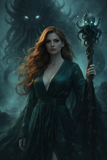 Dark Sorceress Abyss Cinematic Portrait AI generation example for Cinematic Portrait - **SUBJECT DESCRIPTION:** A female figure with flowing auburn hair that cascades ...