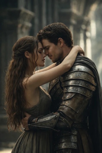 Medieval Warrior Romance Cinematic Portrait Photorealistic AI generation example for Cinematic Portrait - Ultra-realistic cinematic portrait of a romantic medieval couple embracing intim...
