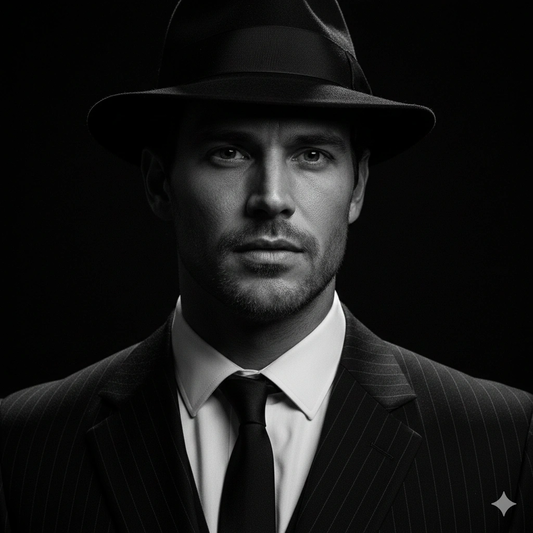 Low Light Moody Cinematic Portrait AI generation example for Cinematic Portrait - PROMPT: Generate a dark, moody cinematic portrait of the young man in film noir ...