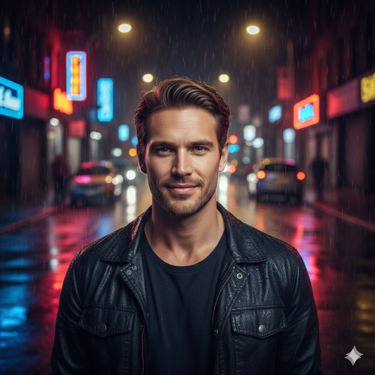 Neon Night Cinematic Portrait Photorealistic AI generation example for Cinematic Portrait - PROMPT: Create an atmospheric urban night portrait of the young man standing on ...