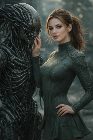 UltraRealistic SciFi Cinematic Portrait Photorealistic 8K AI generation example for Cinematic Portrait - Ultra-realistic cinematic portrait of a young adult woman (early 20s) standing b...