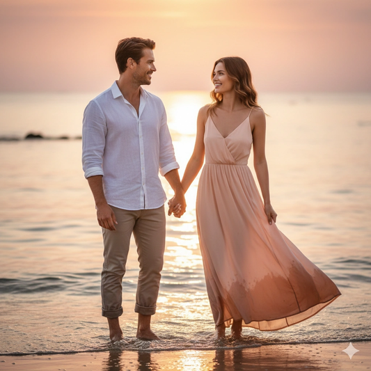 Sunset Couple Cinematic Portrait AI generation example for Couple Portrait - PROMPT: Produce a cinematic portrait of the couple (with the reference person) s...