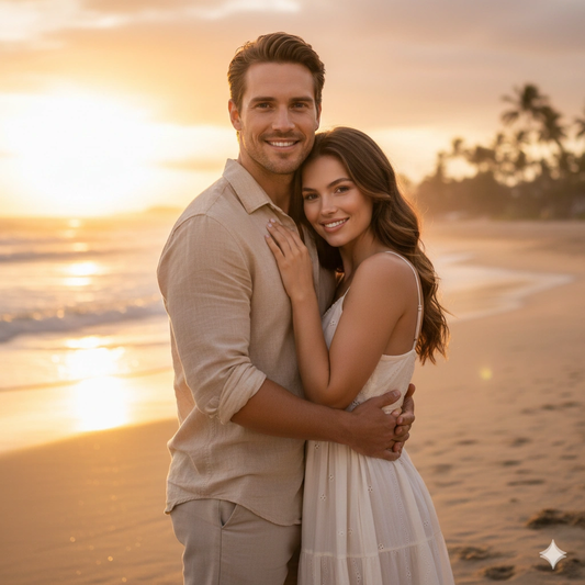 Romantic couple sunset Portrait AI generation example for Couple Portrait - PROMPT: Create a romantic portrait of the couple at sunset, with the young man a...