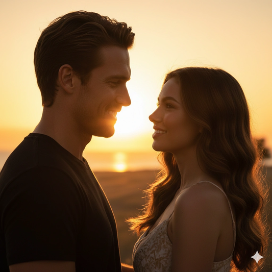 Sunset Couple Cinematic Portrait Photorealistic AI generation example for Couple Portrait - PROMPT: Generate a cinematic romantic couple portrait during sunset with golden ...