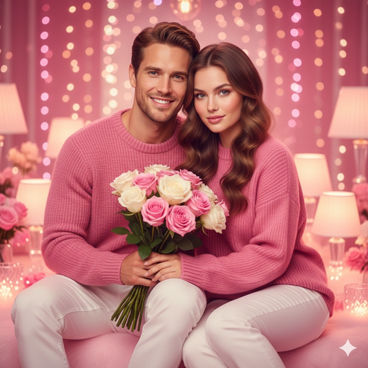 Sunset Couple Cinematic Portrait AI generation example for Couple Portrait - PROMPT: Create an ultra-realistic cinematic portrait of a couple seated together...