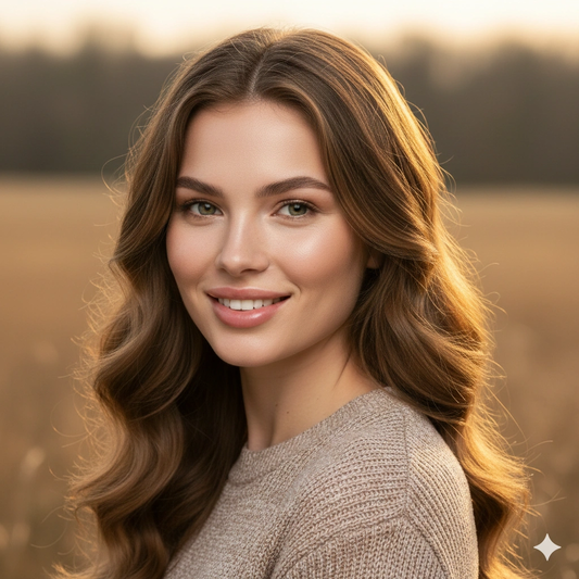 Golden Hour Cinematic Editorial Portrait AI generation example for Editorial Portrait - PROMPT: Generate a natural light editorial portrait of the young woman outdoors,...