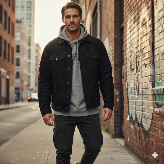 Streetwear Style Male Editorial Portrait AI generation example for Editorial Portrait - PROMPT: Create a modern urban editorial portrait of the young man wearing trendy...