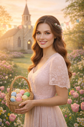 Easter Sunrise Church Event Portrait Photorealistic 8K AI generation example for Event Portrait - PROMPT: Create a portrait of the woman from the provided reference image. Do not...