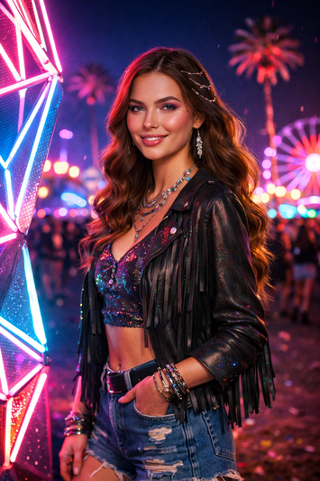 Coachella Neon Night Event Portrait Cinematic AI generation example for Event Portrait - PROMPT: Create a portrait of the woman from the provided reference image. Do not...
