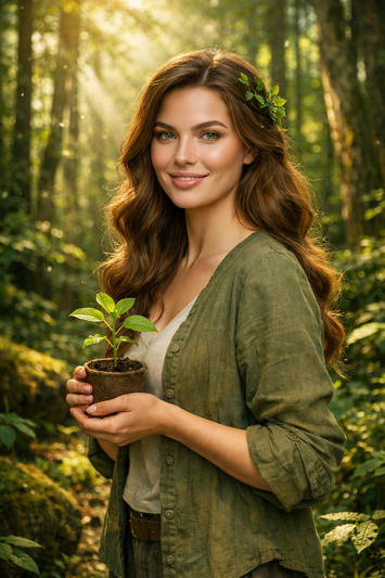 Earth Day Nature Event Portrait Cinematic Photorealistic AI generation example for Event Portrait - PROMPT: Create a portrait of the woman from the provided reference image. Do not...