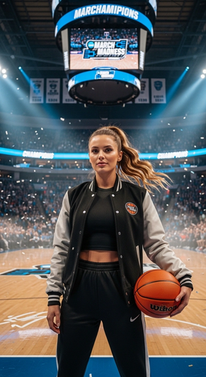 March Madness Basketball Event Portrait Cinematic AI generation example for Event Portrait - PROMPT: Create a portrait of the woman from the provided reference image. Do not...