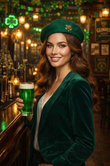 Patricks Day Irish Event Portrait Cinematic Photorealistic AI generation example for Event Portrait - PROMPT: Create a portrait of the woman from the provided reference image. Do not...