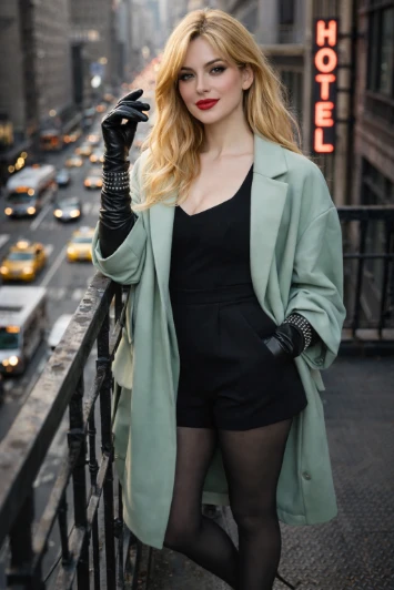 New York Balcony Fashion Portrait Cinematic Photorealistic AI generation example for Fashion Portrait - Use the uploaded image strictly as the facial reference for the female subject. ...