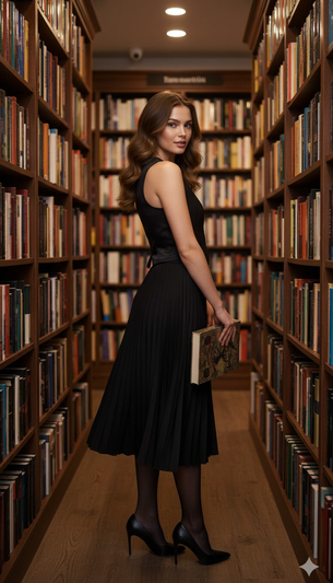 Bookstore Fashion Portrait AI generation example for Fashion Portrait - PROMPT: Create a portrait of the woman from the provided reference image. Do not...