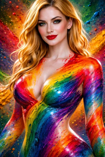 Ultra Realistic Rainbow Fashion Portrait Cinematic AI generation example for Fashion Portrait - Ultra-realistic 9:16 portrait of a glamorous blonde woman with flowing golden ha...