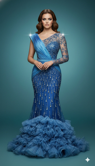 Sapphire Waterfall Elegance Female Portrait Cinematic AI generation example for Female Portrait - Scene: High-end fashion editorial studio with a seamless monochromatic teal-blue...