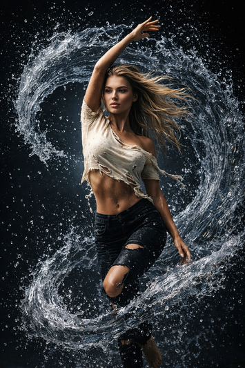 Woman spiraling water Female Portrait Cinematic AI generation example for Female Portrait - PROMPT:
Cinematic high-speed shot of a tanned woman (reference image) surroun...