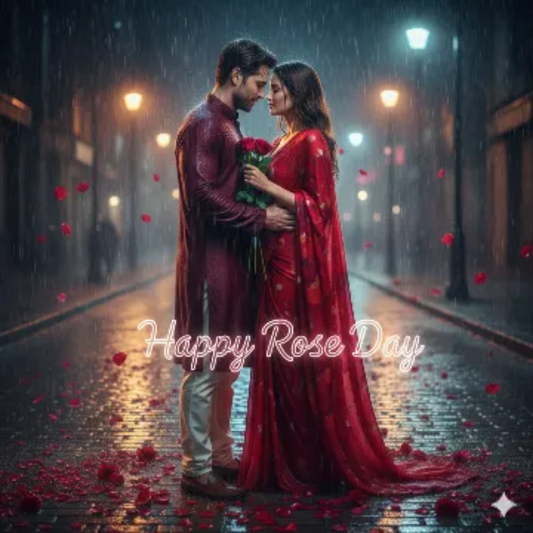 Rain Roses UltraRealistic Happy Rose Day Cinematic 8K AI generation example for Happy Rose Day - STRICT FACE LOCK: Use only the provided facial reference image with absolute pre...