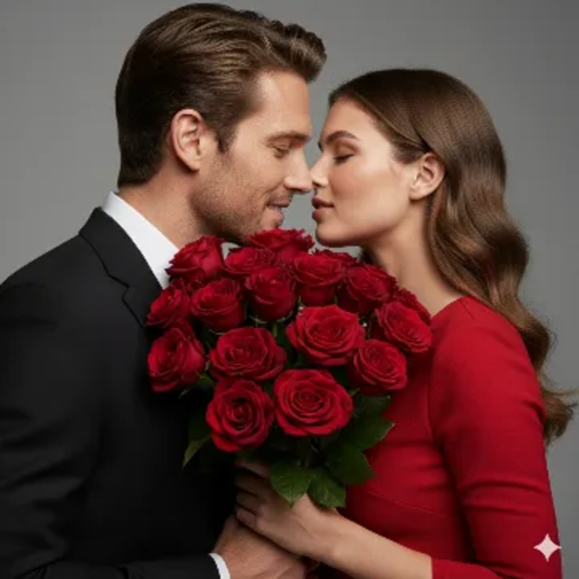 Hidden Kiss Behind Happy Rose Day Cinematic 8K Portrait AI generation example for Happy Rose Day - STRICT FACE LOCK: Use only the provided facial reference image with absolute pre...