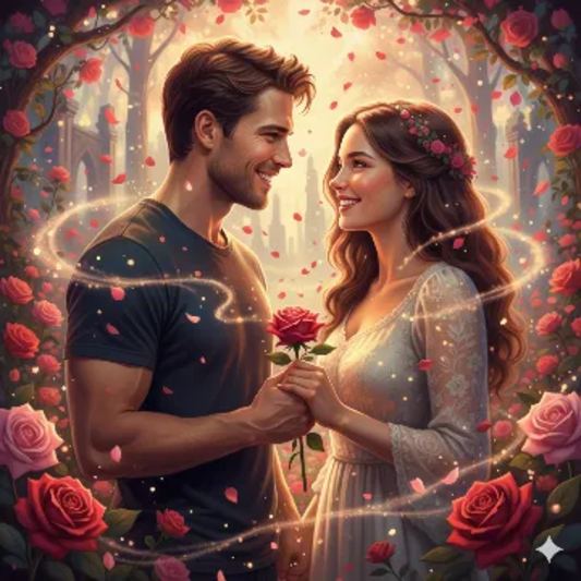 Enchanted Roses Fairytale Happy Rose Day Cinematic AI generation example for Happy Rose Day - STRICT FACE LOCK: Use only the provided facial reference image with absolute pre...