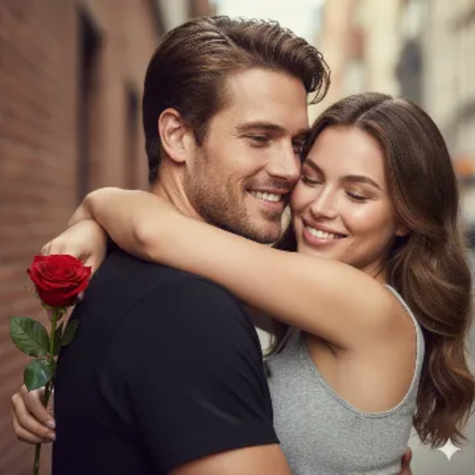 Rose Behind Hug Happy Day Cinematic 8K Portrait AI generation example for Happy Rose Day - STRICT FACE LOCK: Use only the provided facial reference image with absolute pre...