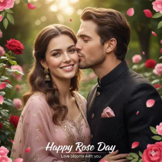 Forever Bloom Rose Happy Day Cinematic 8K Portrait AI generation example for Happy Rose Day - STRICT FACE LOCK: Use only the provided facial reference image with absolute pre...