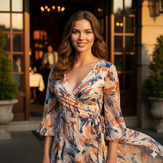 Printed Wrap Dress Hot Girl Portrait Cinematic AI generation example for Hot Girl Portrait - PROMPT: Photorealistic portrait of a confident woman wearing a stylish printed w...