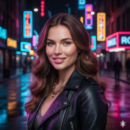Neon Night Fashion Hot Girl Portrait Cinematic AI generation example for Hot Girl Portrait - PROMPT: Generate a photorealistic neon-lit portrait of a stylish young woman sta...