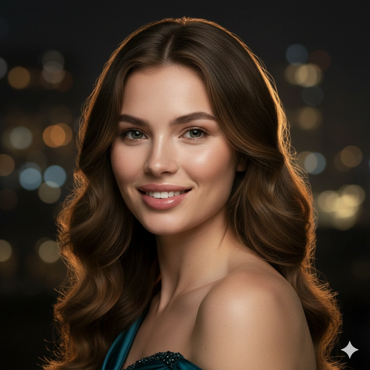 Cinematic Evening Elegance Hot Girl Portrait AI generation example for Hot Girl Portrait - PROMPT: Generate a cinematic evening portrait of a stylish young woman in an ele...