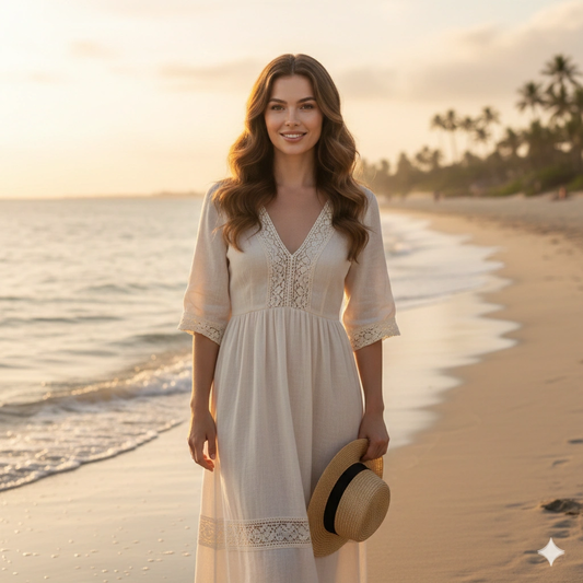 Golden Hour Beach Hot Girl Portrait Cinematic AI generation example for Hot Girl Portrait - PROMPT: Create a photorealistic portrait of a confident woman standing on a sere...